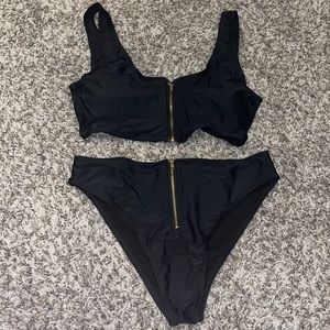 NWT Black with Gold Zipper Sporty Two Piece Bikini Swimsuit